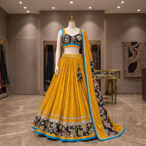 Ensemble Lehenga Choli traditionnel jaune moutarde à séchage rapide, coupe droite longue, avec blouse noire brodée et dupatta, pour femme, idéal pour mariage - Product Image 3