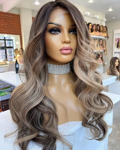 Perruque en dentelle transparente à devanture en cheveux humains bruts européens, couleur brune avec reflets blonds, cheveux humains non traités - Product Image 2