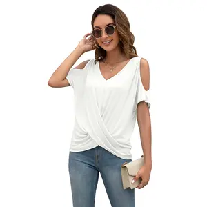 Chinese Factory Direct Sales Women's Short Sleeve T-Shirts Fashion Sexy Cold Shoulder V Neck Loose Tops Irregular Design Tee