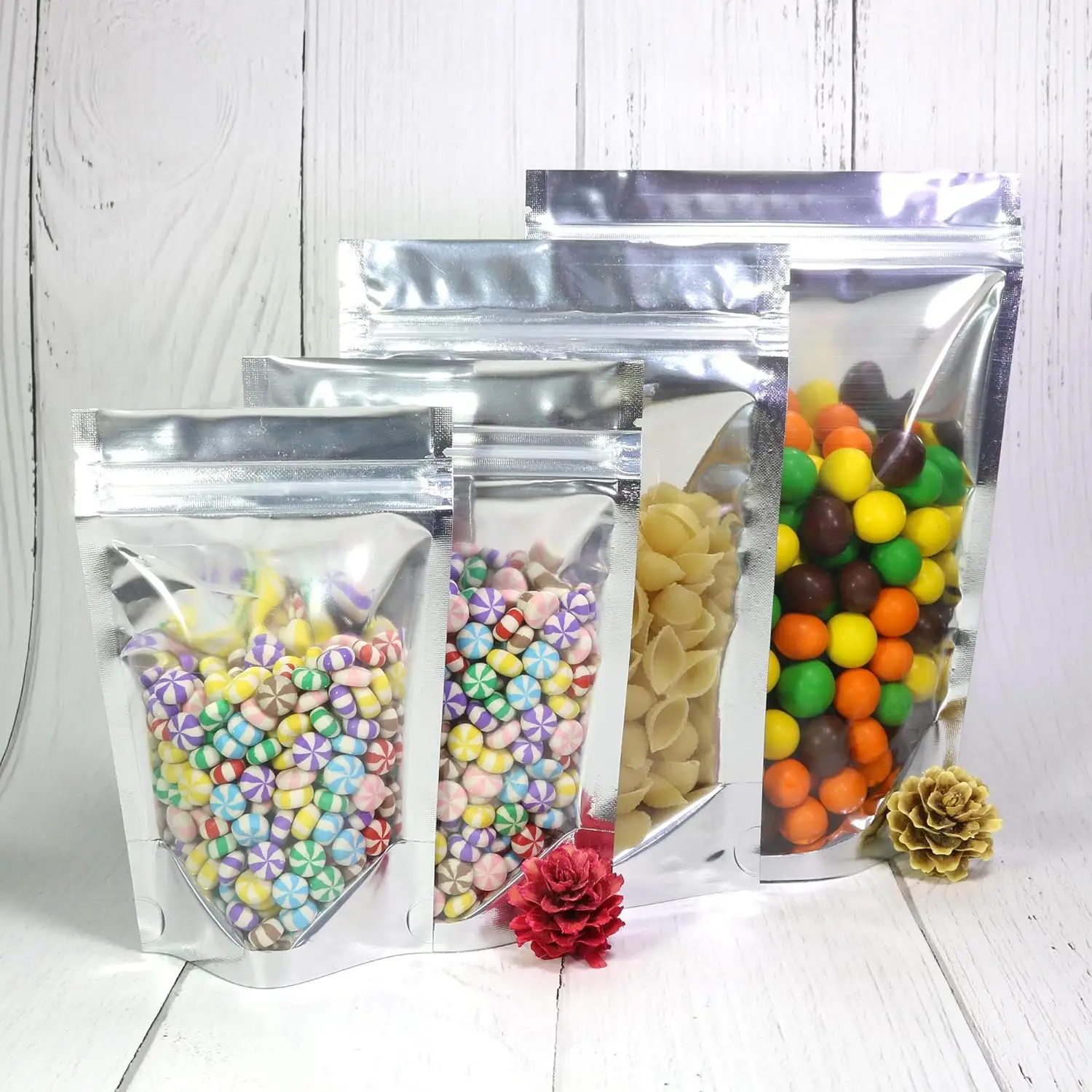 Custom Stand Up Pouch Food Packaging Shiny Silver Metallized Stand Up Zipper Pouch Bags
