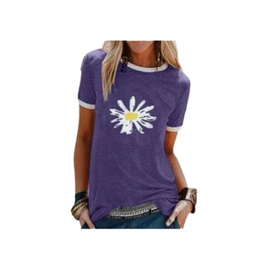 Camiseta de punto explosiva 100% algodón para mujer con estampado de margaritas pequeñas, cuello redondo, manga corta, adelgazante, a la moda y transpirable - Product Image 4