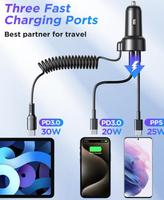 Chargeur de voiture super rapide USB C 60W PD & QC3.0 avec câble enroulé de type C de 5 pieds 30W, adaptateur de chargeur de téléphone de voiture