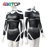 Uniforme de cheerleading de luxe noir et argenté avec strass |   Tenue de performance avec panneau en maille transparente et dos croisé
