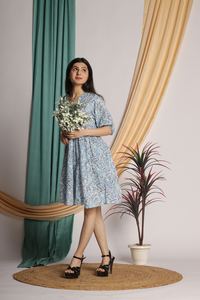 Stylish <b>Summer</b> <b>Ladies</b> 100% Cotton <b>Dress</b> <b>Long</b> Sleeve Short Ruffle Tiered Floral Pattern Sizes 6XL Natural Sexy Button Casual - Product Image 2