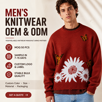 Pull-over pour homme en coton tricoté, col rond, coupe ample, jacquard marguerite et papillon, ourlet effiloché