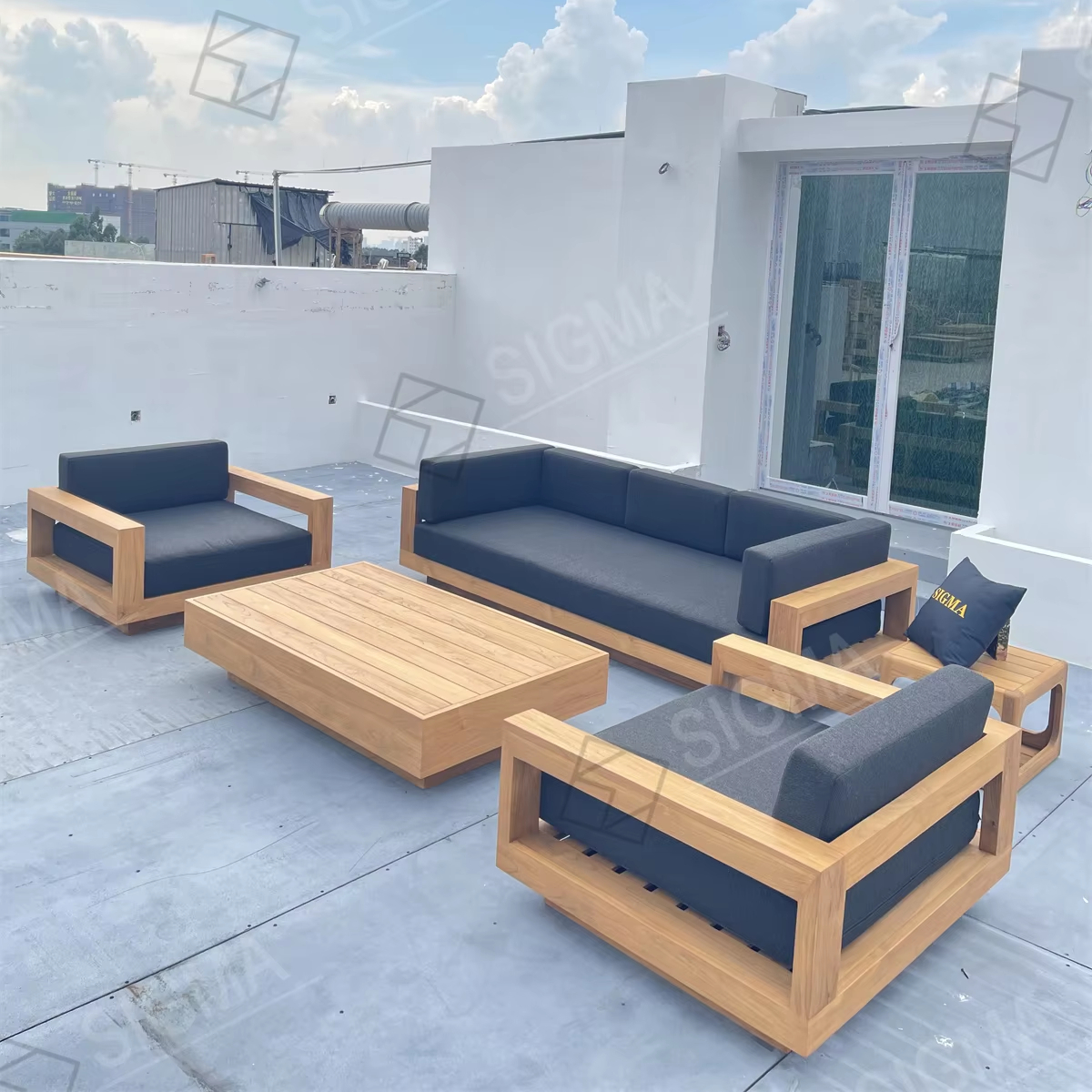 Custom All Weather Luxury Factory Patio Furniture Pool Garden Wood Outdoor All Weather Fabric Teak Wooden Sofa