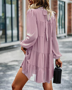 Nouvelle vente bébé poupée robe en mousseline de soie pour les femmes élégant bureau dames col montant à plusieurs niveaux Flwowy balançoire trajet décontracté changement Mini robe - Product Image 5