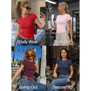 Camiseta Básica para Mujer, Elástica, Suave, Ajustada, de Manga Corta, Top Corto, Transpirable, de Punto, con Spandex y Algodón, para Entrenamiento de Verano - Product Image 6