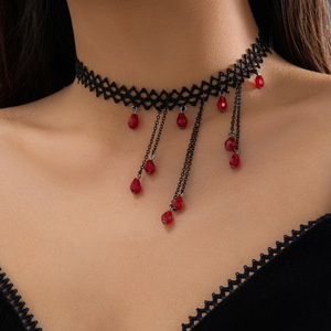 Sıcak satış katmanlı kırmızı ve siyah kristal uzun püskül gerdanlık kolye kadınlar Retro klavikula zinciri cadılar bayramı takı hediye Collier - Product Image 4