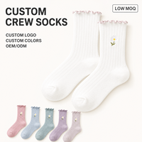 Chaussettes fines en polyester pour femme, style national, antidérapantes, en dentelle tricotée, avec bord volanté et broderie florale