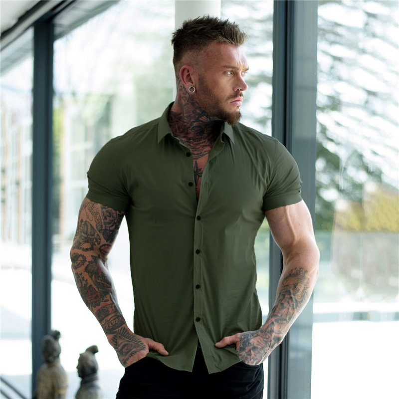 Green Mens Athletic Fit Stretch Wrinkle Free Button Down Shirt