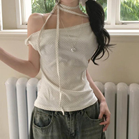 T-shirt asymétrique à pois pour femme, col noué sur le devant, manches courtes, mignon et décontracté, idéal pour l'été et les étudiantes
