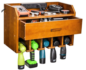 Custom Wood Power Tool Organizer Wall Mount Drill Charging Station Organizer Garage Tool Holder Storage with Removable Drawer