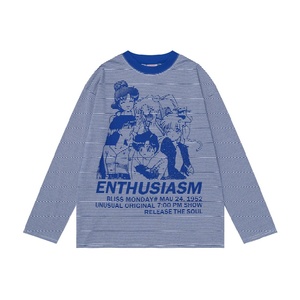 เสื้อยืดคุณภาพสูง เสื้อยืดแขนยาวทรงหลวมสไตล์อเมริกันสำหรับผู้หญิง ลายทางและลายการ์ตูน - Product Image 4