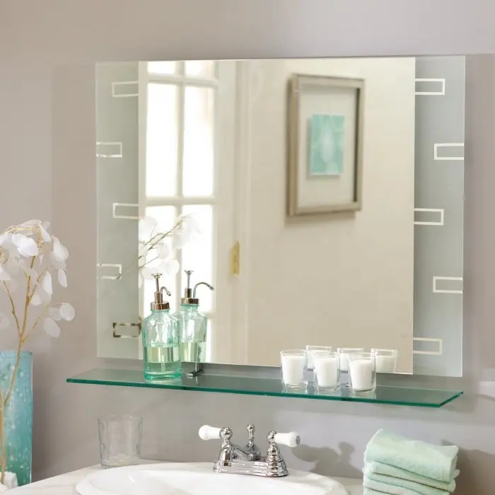 ห้องอาบน้ำโต๊ะเครื่องแป้งกระจกลอยชั้นวางไร้กรอบสี่เหลี่ยมผืนผ้าผนังกระจก