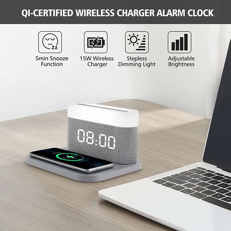 2023 New Tech Desk Bedside 15w Qi Fast Charging 3 in One Digital Alarm Clock Wireless Charger Lamp