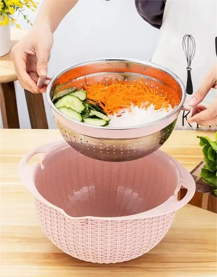 High Quality Stainless Steel Double Eep Kitchen Sink Colander Stackable Food Strainer Bowl Sets