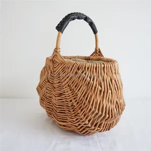 Bolsa de couro de vime com alças de vime, cesta de piquenique oval de palha, bolsa vintage simples para jardim, ideal para mulheres