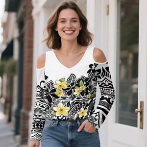 T-shirt <span class=keywords><strong>elegante</strong></span> stile polinesiano floreale con scollo a V a maniche lunghe a maniche corte stile autunnale Casual t-shirt stampata Casual - Product Image 3