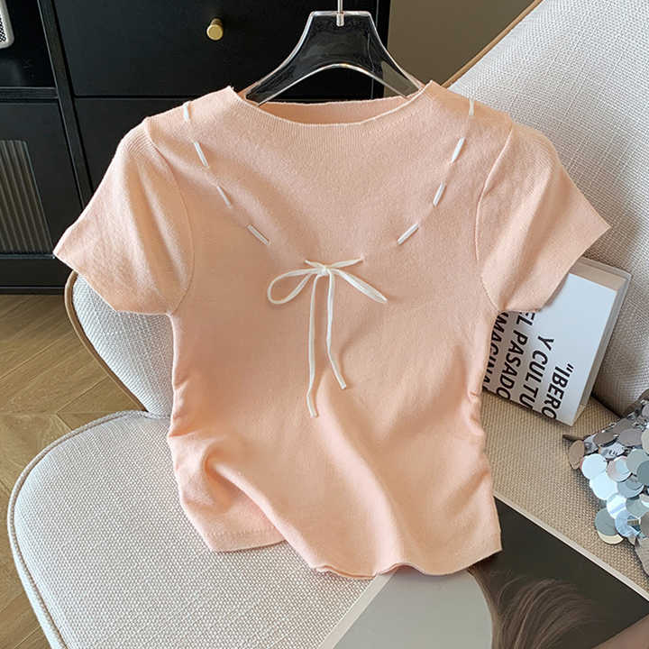 Female Casual Versatile Summer Solid Knitted Shirt Women ONeck Lace Up