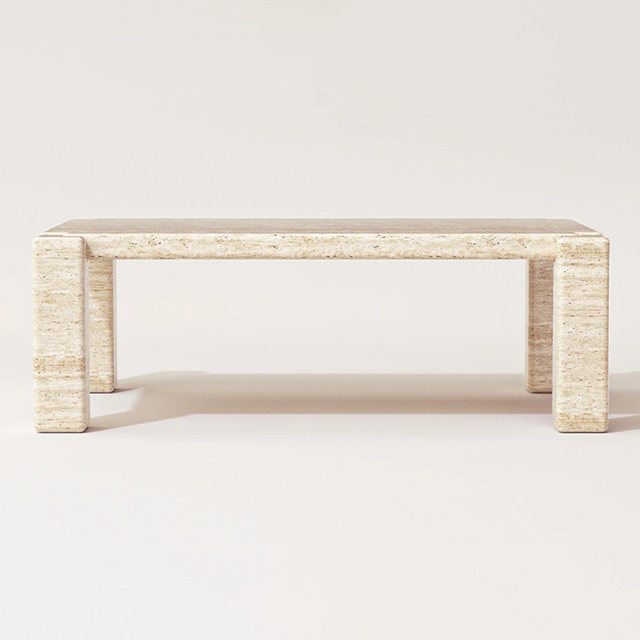 Kumusi Modern Luxury Beige Travertine Table and Chair Set Solid Stone Garden Dining Set