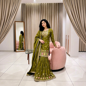 Ensemble Salwar en soie brodée verte avec dupatta, longueur au sol, vêtements traditionnels indiens et pakistanais pour femmes, toutes saisons - Product Image 1