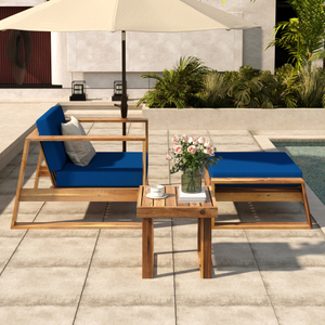Acacia Wood Tufted Lounge Set-Chair and Ottoman with Removable <b>Cushions</b> All-Weather Chaise Lounge for Living Room - Product Image 5
