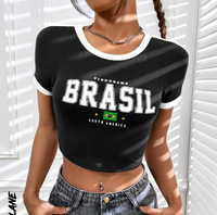 T-shirt court en polyester à col rond et coupe ajustée pour femme, avec imprimé lettres, style streetwear sexy d'été, idéal pour les matchs de football