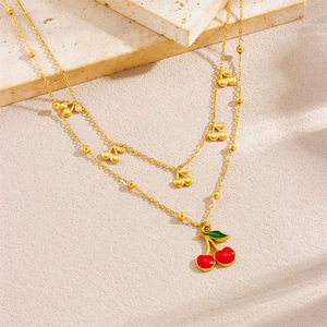 Fashion Layered Double Chain Cherry Pendant Stainless Steel Clavicle Necklace Gift Jewelry - Product Image 2