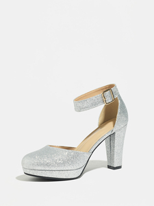 QUEENIGMA <span class=keywords><strong>Sandali</strong></span> con plateau e tacco grosso, glitter <span class=keywords><strong>argento</strong></span> scintillante, supporto per l'arco plantare, cinturino alla caviglia, punta chiusa, per sposa, cocktail, serate ed eventi formali - Product Image 1
