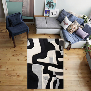 Ensemble rectangulaire de tapis en laine tufté à la main de style moderne noir et blanc abstrait à poils hauts pour un usage domestique - Product Image 3