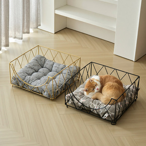 Wrought Iron Pet Bed Rectangle Geometric Pattern Durable Floor Standing <b>Cat</b> Dog Cage With <b>Mat</b> All Seasons Use - Product Image 2
