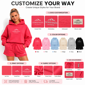 Soft Cotton Fleece print Graphic Hoodie <b>Short</b> <b>Set</b> <b>Women</b> Loose Fit Outdoor Casual Two Piece Loungewear Custom Logo Design - Product Image 5