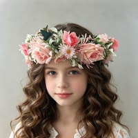 Serre-tête en tissu marguerite rose style forêt avec couronne de fleurs artificielles pour filles, accessoire photo de mariage
