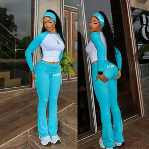 Y 2K Kleding Custom 2 Delige Set Vrouwen Katoenen Jersey Baby Tee Skinny Lange Mouwen En Wijd Uitlopende Broek Voor Vrouwen Tweedelige Lounge Set - Product Image 2