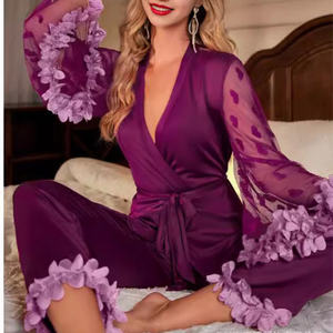 Conjunto de Bata de Lujo con Cinturón de Seda para Mujer, Conjunto de <span class=keywords><strong>Pijama</strong></span> de Encaje Transparente, Manga con Volantes, Apertura, 2 Piezas, Invierno, 2025, 2017 - Product Image 4