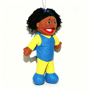 Marioneta infantil personalizada con traje amarillo y azul, marioneta multicolor con cabello trenzado de hilo, marioneta de ventrilocuidio de tela suave - Product Image 2