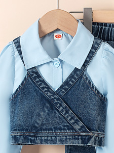 Conjunto Casual de Tres Piezas para Bebés, Primavera 2025, Camisa con Solapa, Chaleco Vaquero con Cuentas, Pantalones Acampanados, Transpirable, LURI - Product Image 3