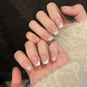 Xuannail First Love New Cat's Eye French Blanchiment Press-On False Nail Art 24pcs Poudre Cercueil Pur Porté À La Main Artificiel - Product Image 1