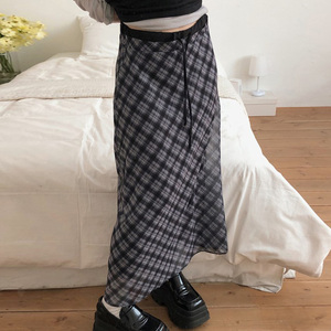 Jupe midi à cordon de serrage à carreaux pour femmes, jupe évasée en mousseline de soie transparente pour un style preppy et scolaire - Product Image 3
