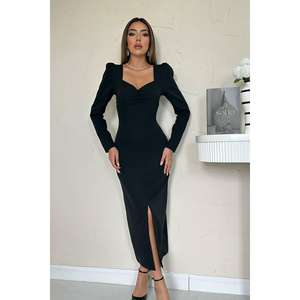 ชุดเดรสผ้าซาตินสีดำหรูหรา ชุดราตรีแขนยาวเอวธรรมชาติ - Product Image 3