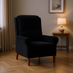 Poltrona in Velluto Nero, Sedia Moderna per Soggiorno con Gambe in Legno, Design Elegante, Seduta Morbida, Arredamento per la Casa - Product Image 2