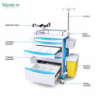 Chariot d'urgence avec étagère pour défibrillateur, chariot médical hospitalier en ABS, 5 tiroirs, poteau IV télescopique et verrouillage