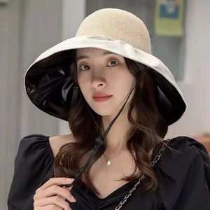 Sombrero de protección solar de verano para mujer, diseño de lazo de ala ancha, protección UV, sombrero plegable, tela de poliéster de color sólido - Product Image 2