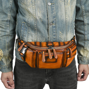 Sac banane en cuir véritable marron pour homme, style moto, multi-poches, usage quotidien, été 2025 - Product Image 1