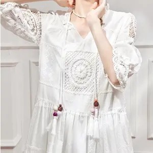 2024 Roupas Femininas Venda Quente Europa Moda Custom Bordado Pullover Lace Algodão Túnica Vestido Chic Meia Manga Loose Boho Dress