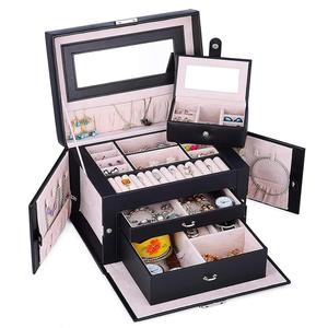 Caja de almacenamiento de joyería grande de cuero Pu negro en stock