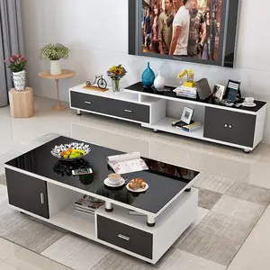 Factory Direct Set of 2 Glass Table Top Coffee Table and TV Console Stand Set Storage Cabinet Living Room Furniture TV Stand
