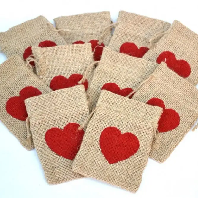 Mini bolsas de arpillera con estampado de corazón, regalo perfecto para bodas