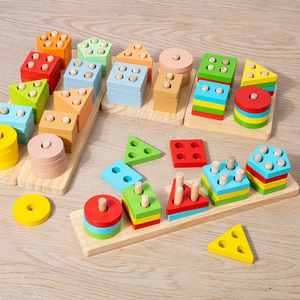 Montessori mainan blok bangunan kayu lapis pendidikan dini kolom cocok bentuk geometris kayu empat kolom untuk bermain - Product Image 3